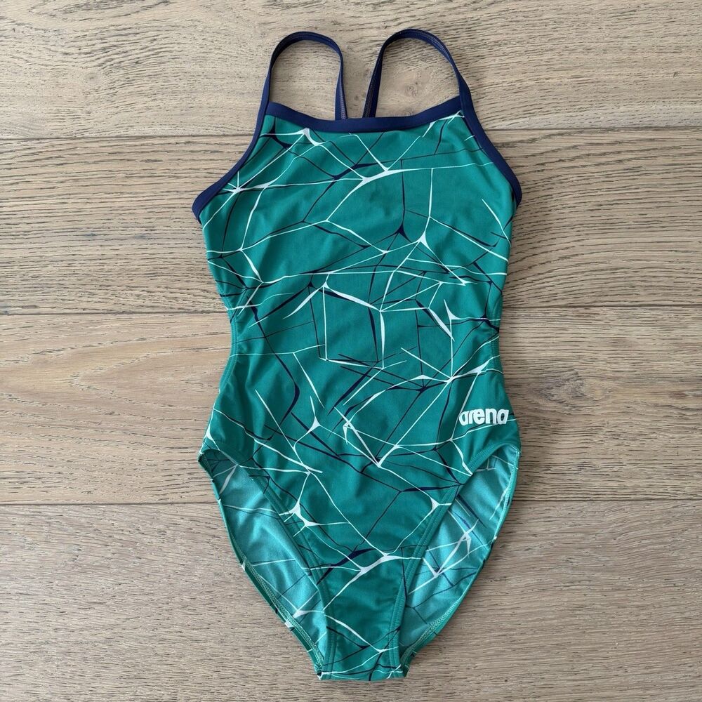 Arena Water Challenge Back One Piece Swimsuit Green Geometric Print Women’s 32
